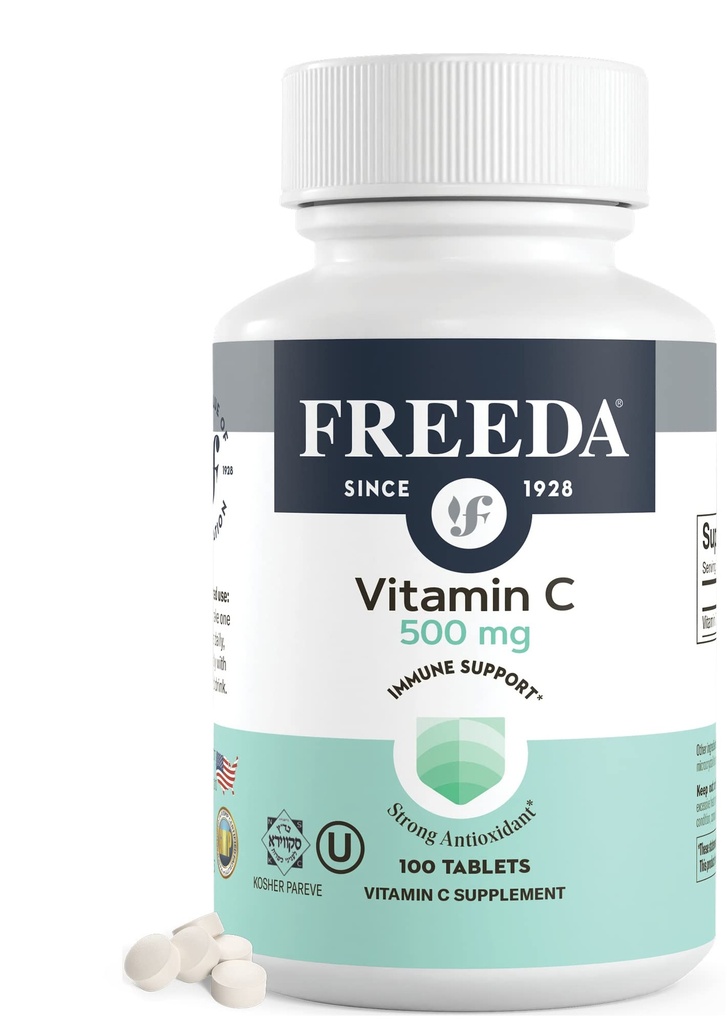 FREEDA Vitamin C - Vegan Vitamin C 500mg - Kosher - Ισχυρή Αντιοξειδωτική Ανοσοποιητική Υποστήριξη - Εύκολο στην κατάποση Βιταμίνες C Δισκία ως Ασκορβικό Οξύ - Καθαρή Βιταμίνη C 500 mg - Συμπλήρωμα VIT C (100 Count)