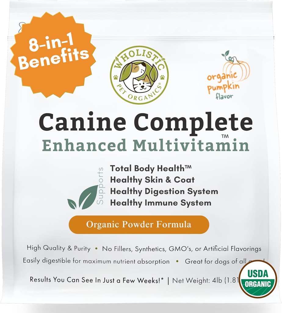 Wholistic Organics Pet Canine Complete - Σκύλος Multivitamin σκόνη - 4 Lb - Daily Dog Βιταμίνες και Συμπληρώματα για τα Σπιτικά Τρόφιμα - ανοσοποιητικό σύστημα, δέρμα, παλτό & Γενική Υγεία - Μικρή και μεγάλη Φυλή