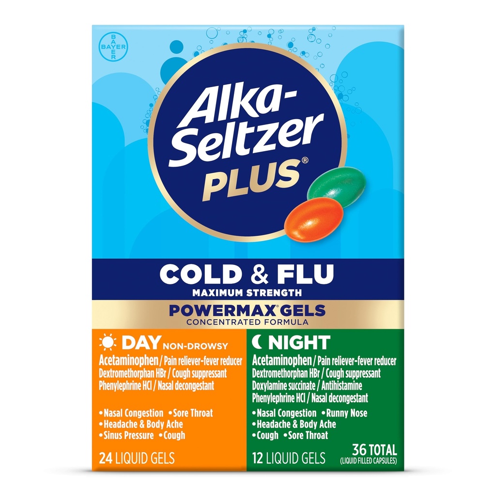Alka-Seltzer Plus δύναμη Max Ψυχρή & Ημέρα γρίπης+Νυχτερινή ιατρική: Βήχας Καταπιεστική, Ψυχρή και Γρίπη Ιατρική για ενήλικες και παιδιά 12 ετών και άνω, 36 κόμης, συσκευασία μπορεί να Vary