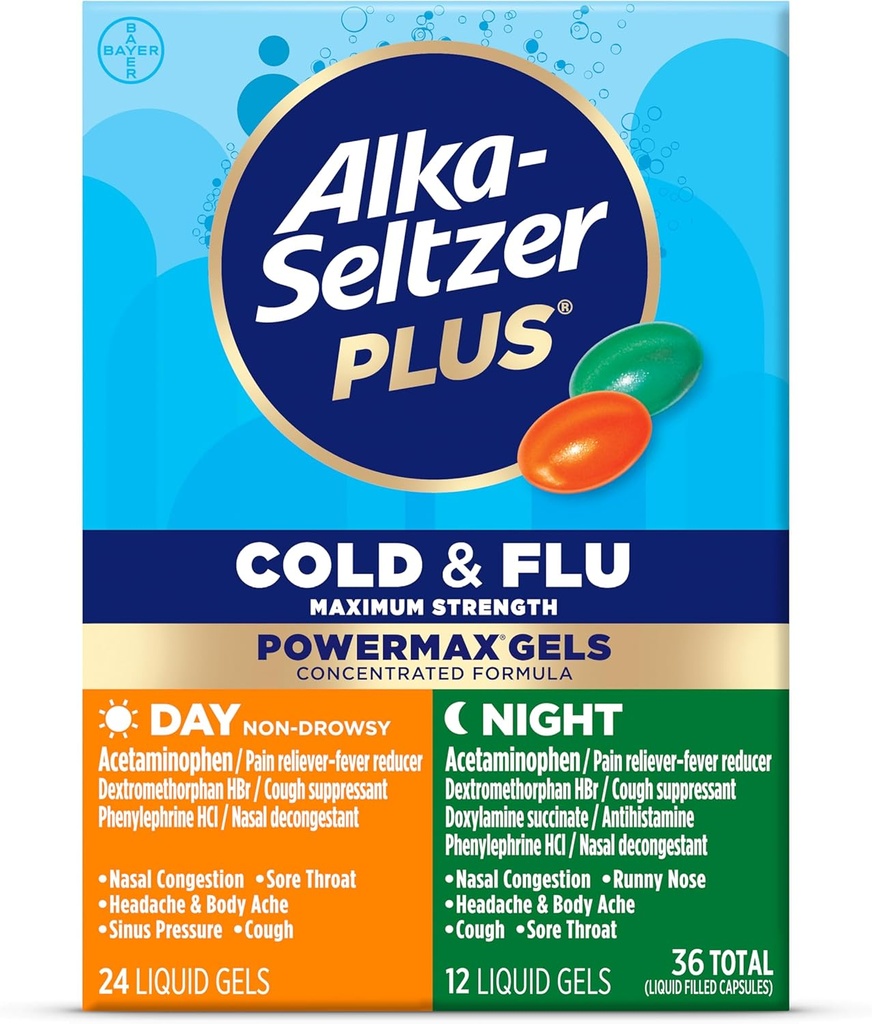 Alka-Seltzer Plus δύναμη Max Ψυχρή & Ημέρα γρίπης+Νυχτερινή ιατρική: Βήχας Καταπιεστική, Ψυχρή και Γρίπη Ιατρική για ενήλικες και παιδιά 12 ετών και άνω, 36 κόμης, συσκευασία μπορεί να Vary