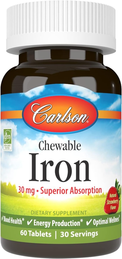Carlson - Chewable Iron, 30 mg, Superior Absorption, Blood Health, Energy Production & Optimal Wellness, Natural Strawberry Flavor, 60 Tablets