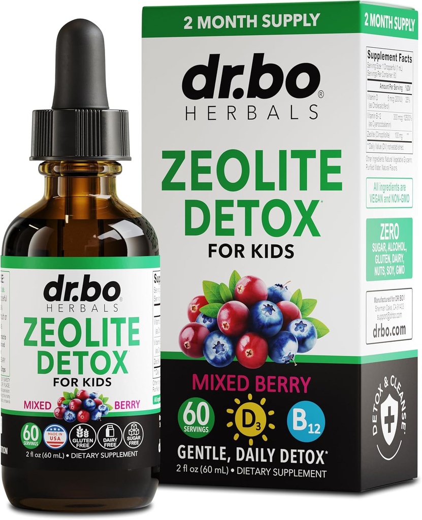 Zeolite Detox for Kids Liquid Drops - Προηγμένος Κλινοπτιλόλιθος με Καθαρές Βιταμίνες B12 & D - Παιδικό Απαλό Σώμα Καθημερινή Καθαριότητα Εστίαση & Λόγος Extra Clinoptilolite Zeolite Detox Cleanse Supplement 2oz