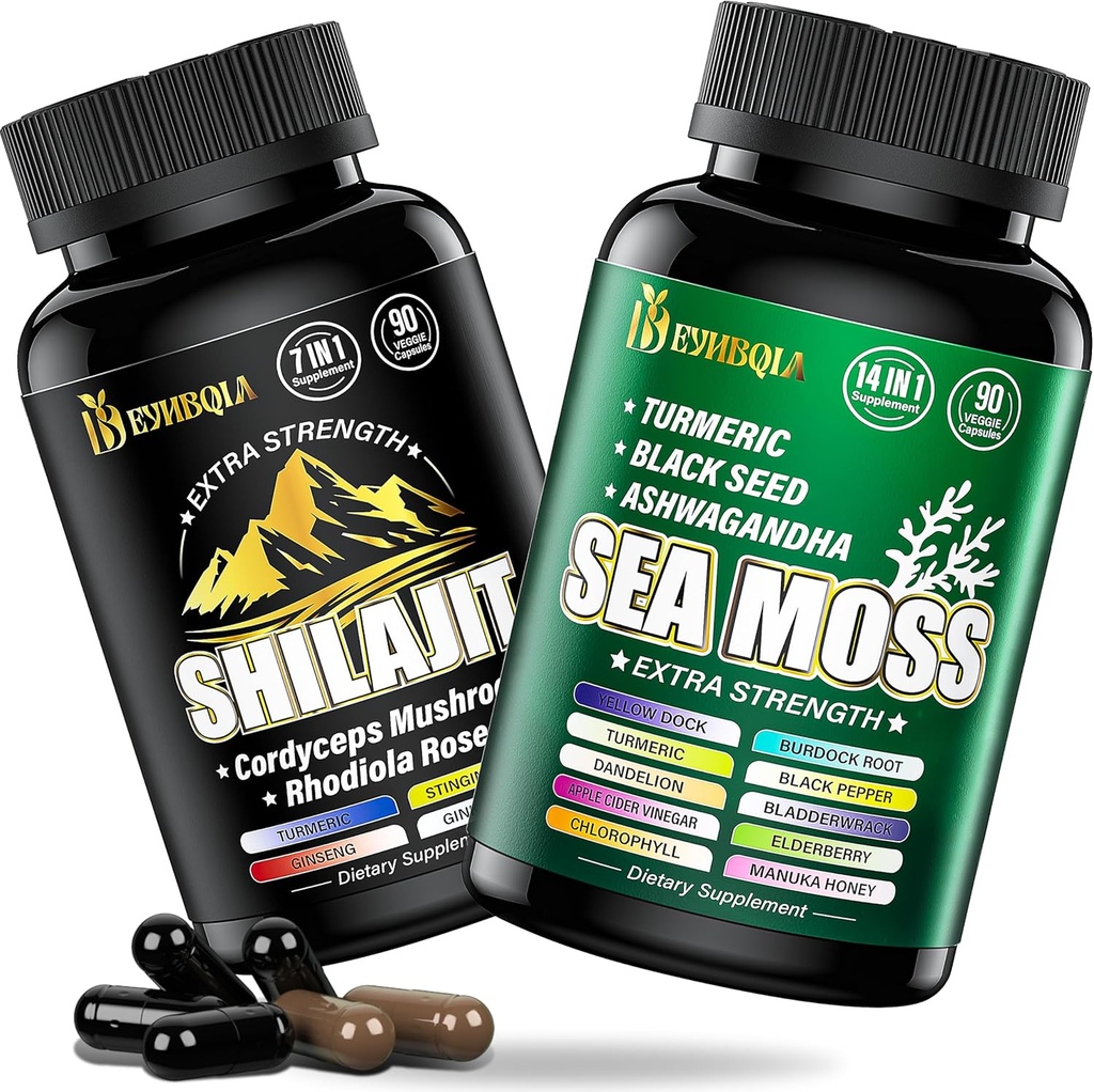Sea Moss and shilajit Bundle - 90 Count - Sea Moss, Black Seed Oil, Ashwagandha, Turmeric & Shilajit, Rhodiola Rosea, Burdock, Bladderwrack 21 in 1 Συμπληρώματα (2 Πακέτα) Brown