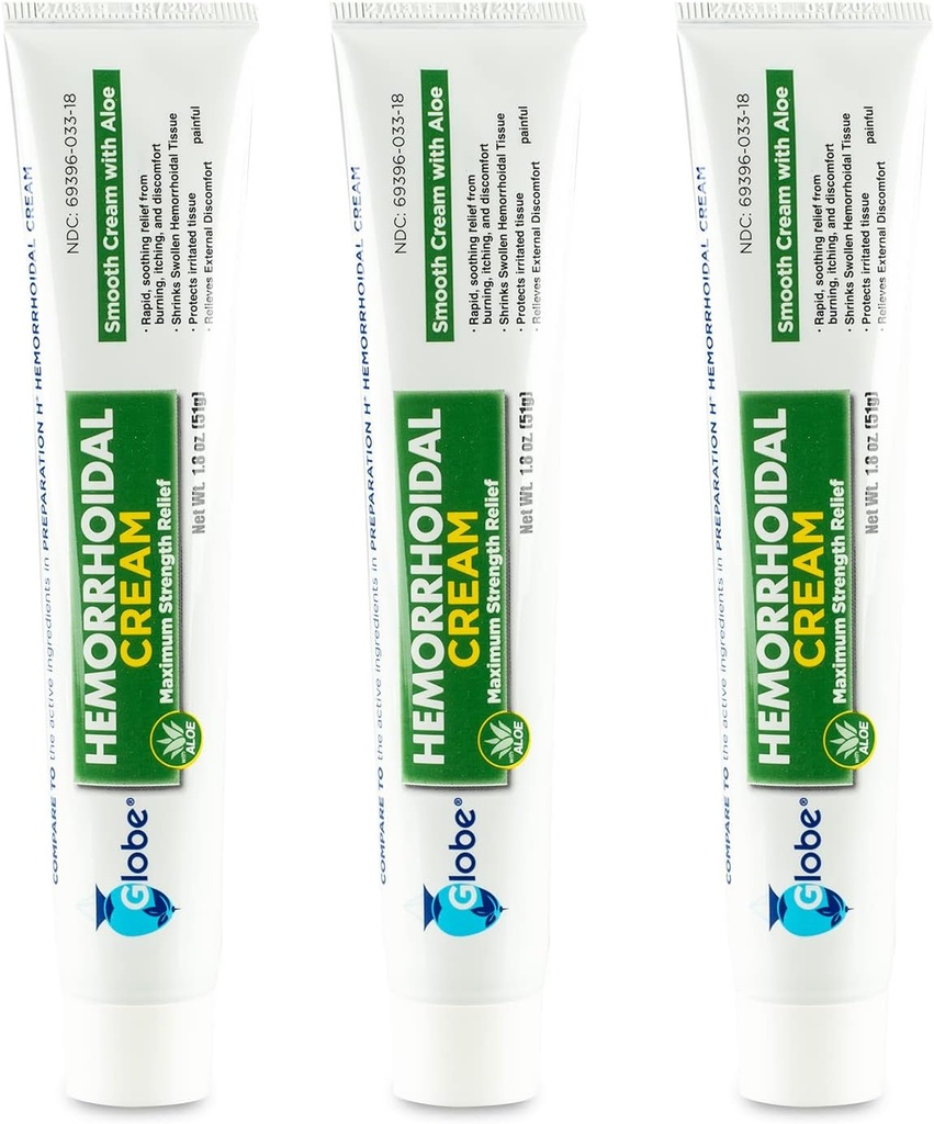 Globe (3 Pack) Hemorrhoid Cream, Relief with Aloe, (1.8 Ounce Tube) Relief from Hemorrhoids, Piles, Itching, Burning, Discomfort, & More