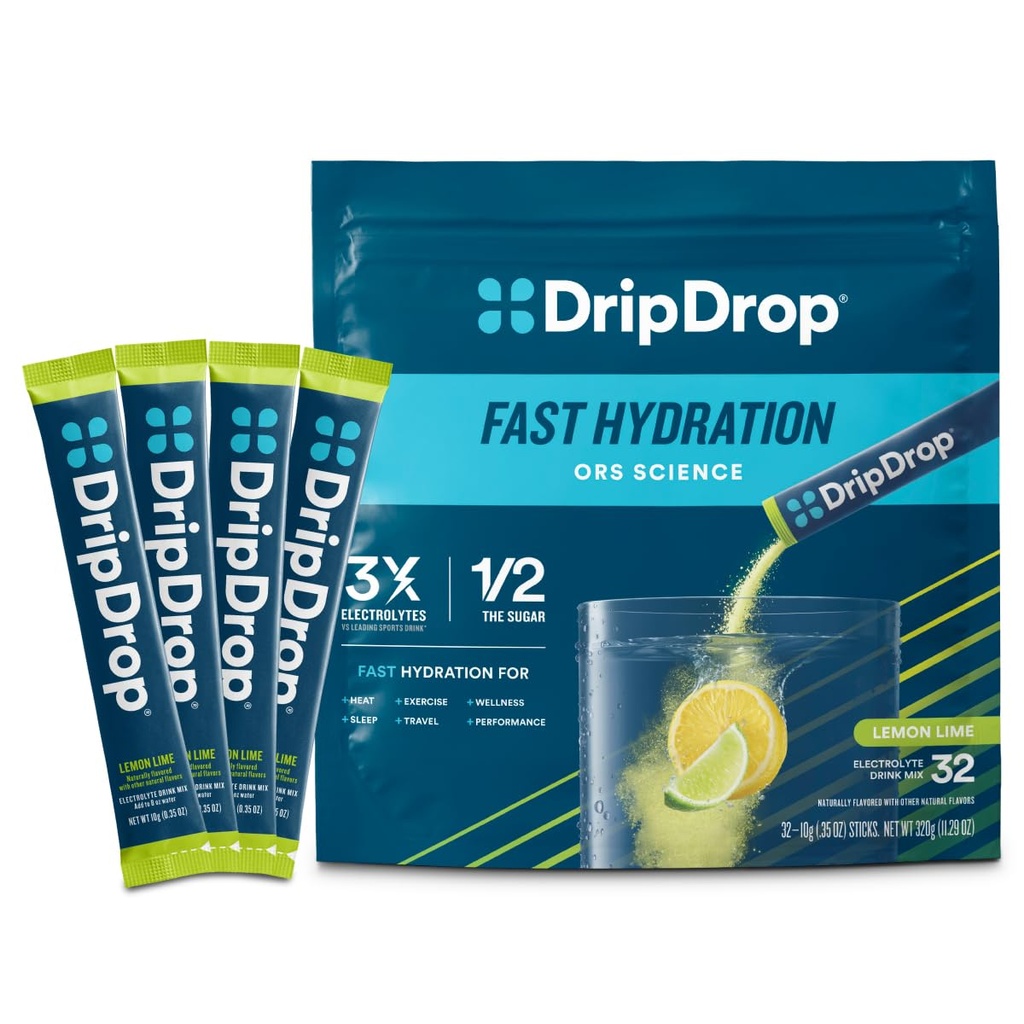 DripDrop Hydration Packets - Lime λεμόνι - Μονό σερβίρετε ηλεκτρολύτες Σκόνη Mix - Μη ΓΤΟ, Χωρίς γλουτένη, Vegan - 32 Sticks
