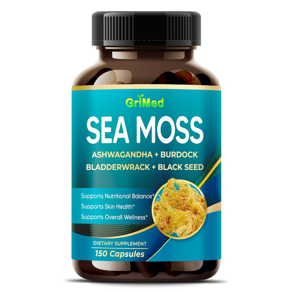 Premium Sea Moss με Ashwagandha, Burdock Bladderwrack, Black Seed for Immune System, Skin, Digestion & Energy- Made in The USA (150 Count (Pack of 1))