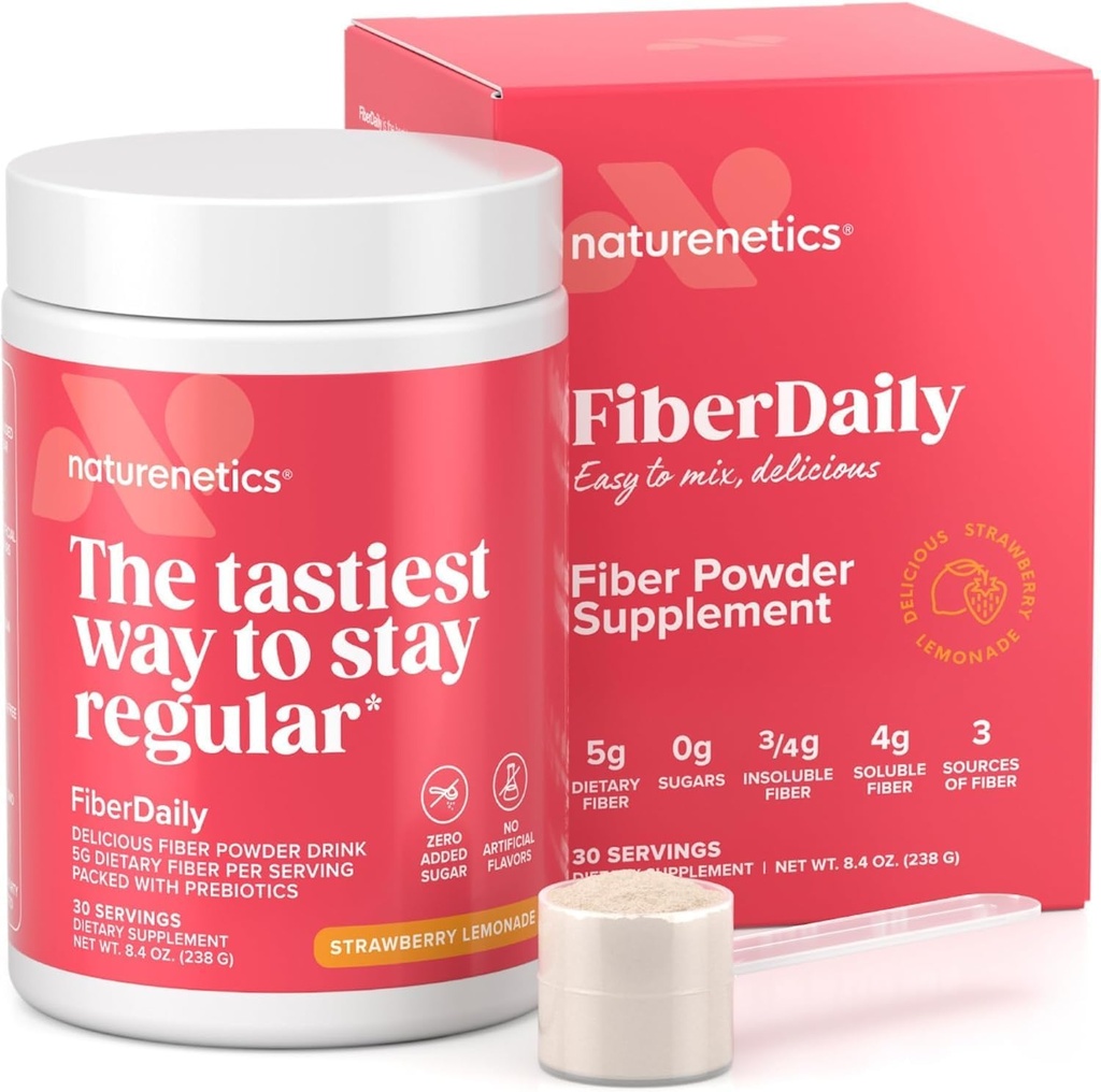 FiberDaily Delicious Fiber Powder - Βιολογικό Psyllium Husk, Agave Inulin & Sunfiber® Guar Gum Λεμονάδα Φράουλα Ποτό, Χωρίς ζάχαρη, Διαλυτή Fiber, Prebiotic Fiber Supplement, Vegan, 30 Υπηρεσίες