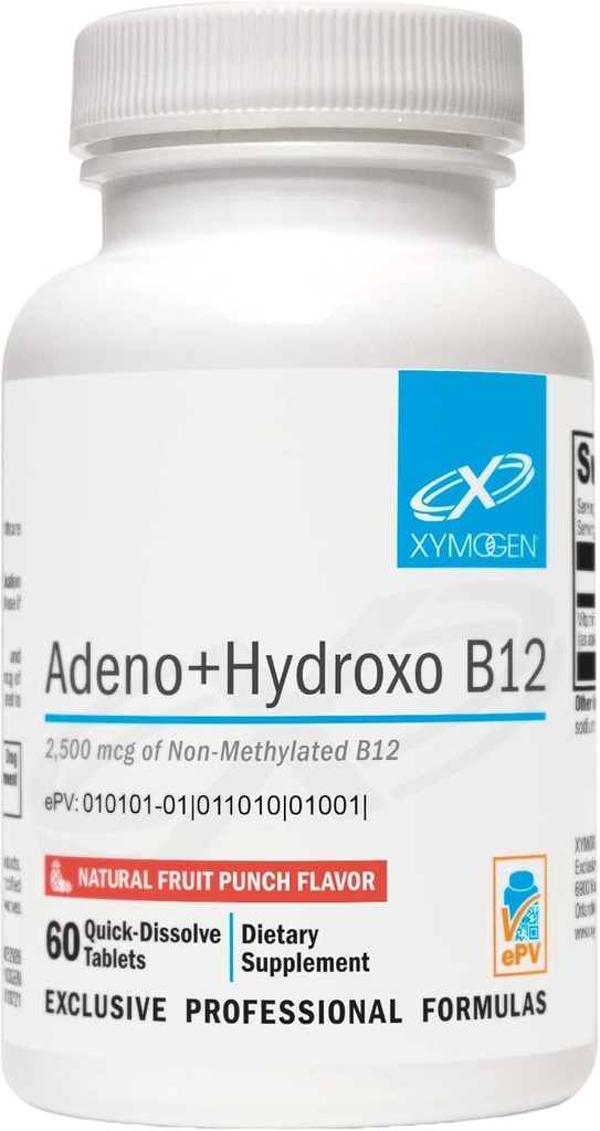 XYMOGEN Adeno+Hydroxo B12 - Μη αιθυλιωμένο (2.500mcg) - Quick- Dissolve B12 Lozenges with Adenosylcobalamin B12 + Hydroxocobalamin - Γνωστική Υποστήριξη, Fruit Punch Flavor (60 δισκία)