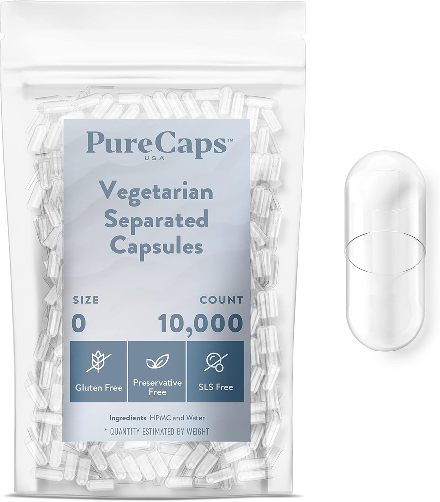 PureCaps USA- Empty Vegetarian Vegan Pill Capsules Size 0| 10,000 Separated Pills| Clear | Non-GMO Certified | SLS, Gluten, Preservative Free