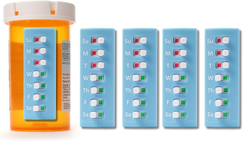 Take‐n‐Slide Peel και Stick Reuseable για 12 + Refills, Χάπια / Φάρμακα/Vitamin/Pet Med Tracker & Υπενθύμιση, Συνδέστε στο μπουκάλι σας, Organizer-free, Curved‐Back (μπλε, 5-Pack)