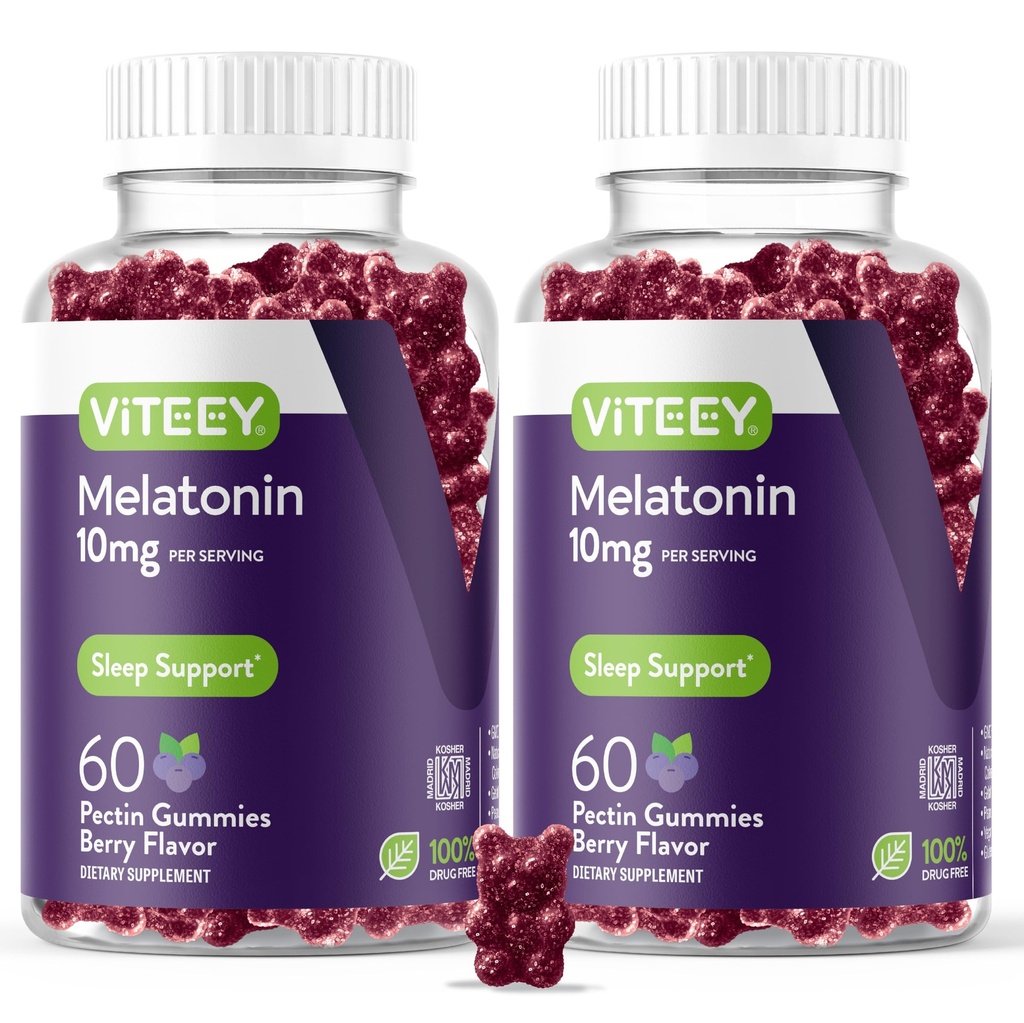 Viteey Melatonin Gummies 10mg - Gummies ύπνου για ενήλικες Επιπλέον δύναμη Μελατονίνη - Vegan, GMO δωρεάν, Χωρίς γλουτένη - 120 κόμης