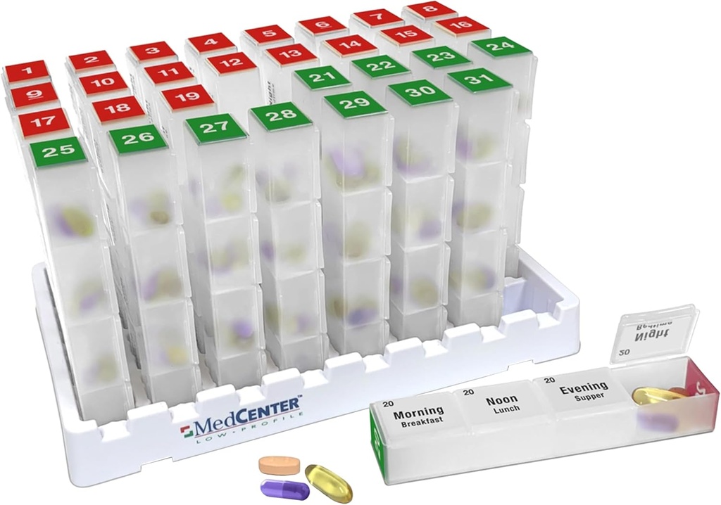 Medcenter Monthly Pill Box Organizer, 4 φορές την ημέρα, Extra Large 31 Daily Pill Cases with Compartments for Vitamins, Συμπληρώματα, φαρμακευτική αγωγή, 31 Day Pill Organizer