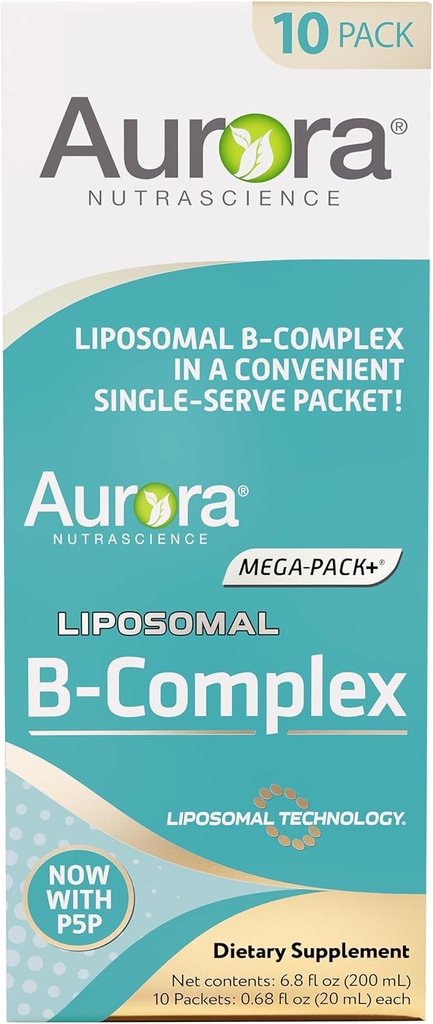 Aurora Nutrascience Mega-Liposomal B-Complex + Βιταμίνη C, Υποστηρίζει την ενέργεια, ανοσοποιητικό & νευρικό σύστημα Υγεία, Χωρίς γλουτένη, Μη ΓΤΟ, Χωρίς ζάχαρη, Πορτοκαλί Γεύση, 10 ενιαία πακέτα σερβιρίσματος
