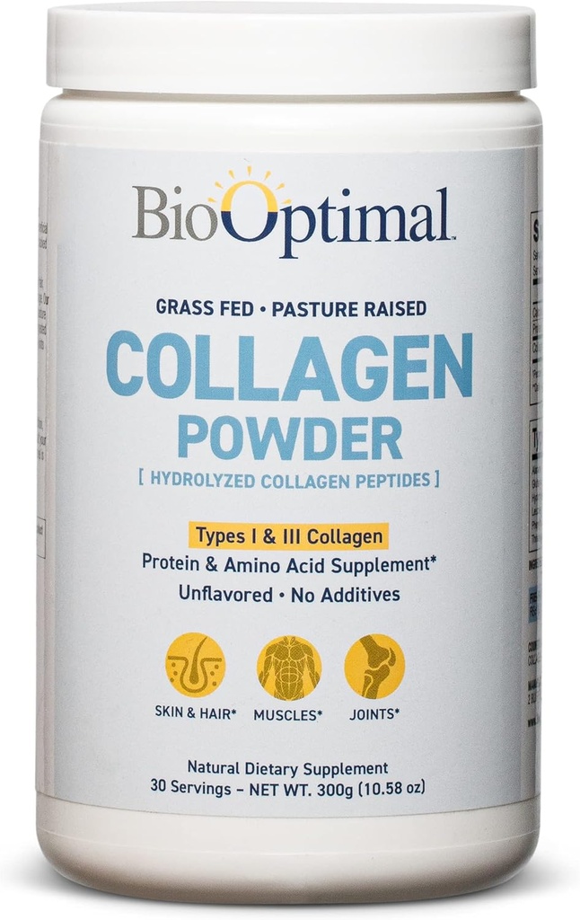 BioOptimal Collagen Peptides σε σκόνη - Grass-Fed, Pasture-Raised Hydrolyzed Protein Supplement for Skin, Hair, & Nails - Non-GMO, Zero Sugar Daily Supplement for Men & Women (30 Servings)
