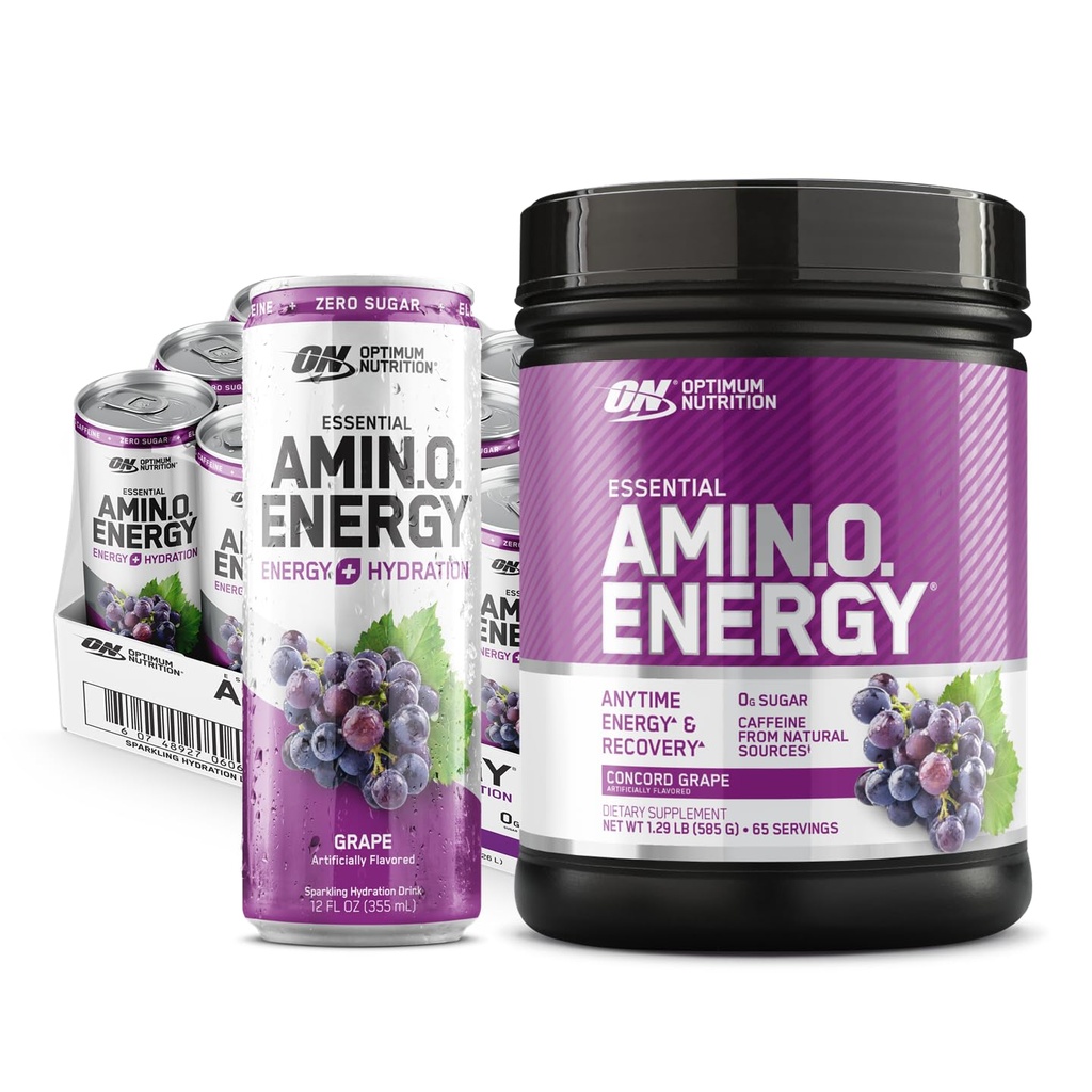 Optimum Nutrition Amino Energy Powder, Concord Grape, 20.6 Ounce, 65 Servings with Essential Amino Energy Plus Electrolyes Sparkling Drink, Grape, 12 Count - Bundle Pack