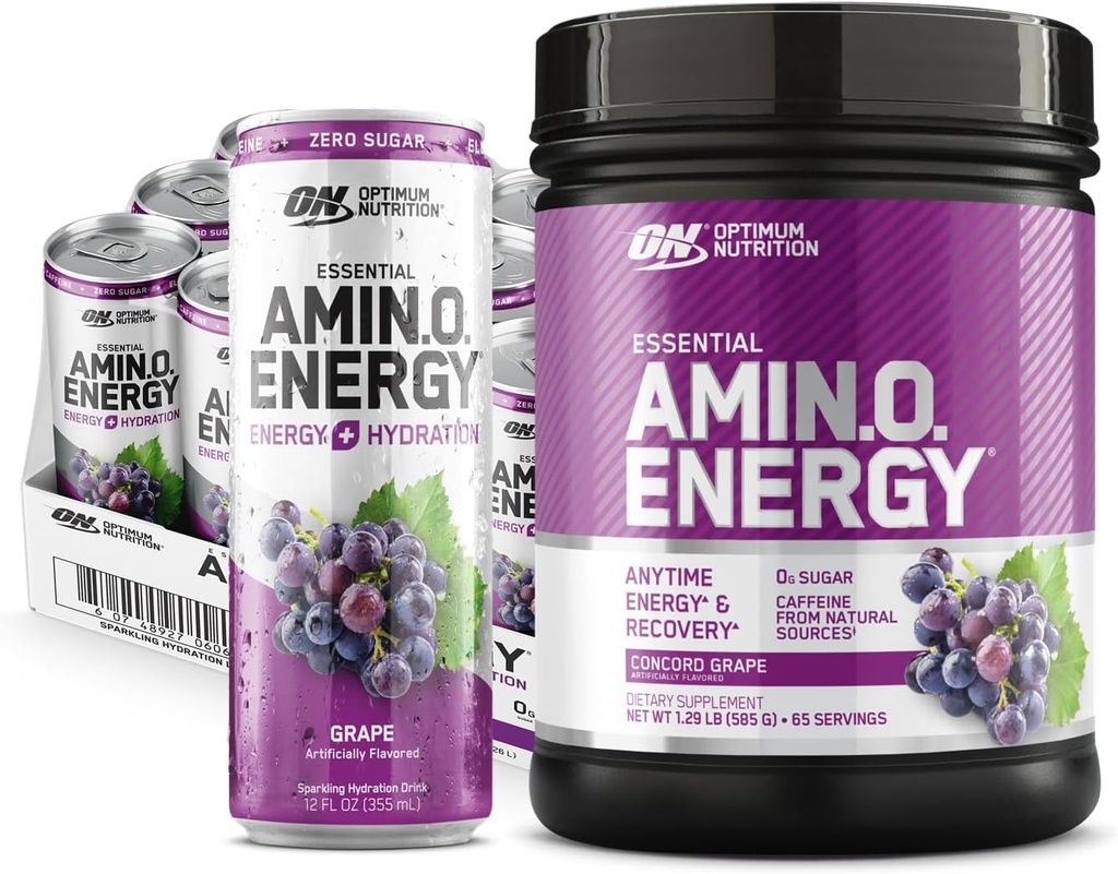 Optimum Nutrition Amino Energy Powder: Concord Grape (65 Σερβιέτες) με Essential Amino Energy Plus Ηλεκτρόλιθες Αφρώδη Ποτό: Σταφύλι (12 κουτάκια) - Πακέτο