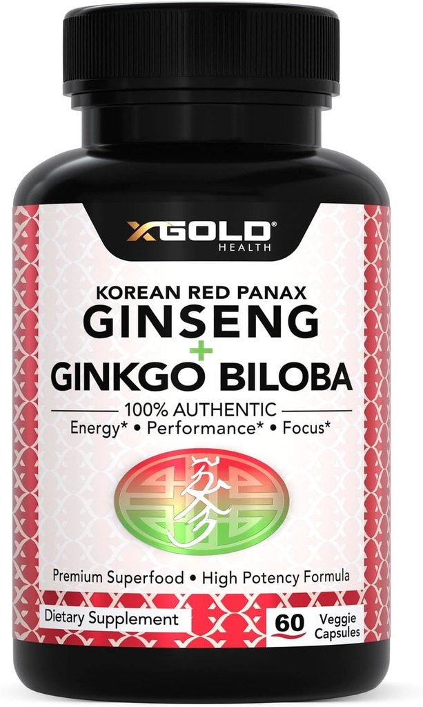 Korean Red Panax Ginseng 1200mg + Ginkgo Biloba - Extra Strength Root Extract Powder Supplement w/High Ginsenosides Vegan Caps for Energy, Performance & Focus - Συμπλήρωμα για άνδρες και γυναίκες