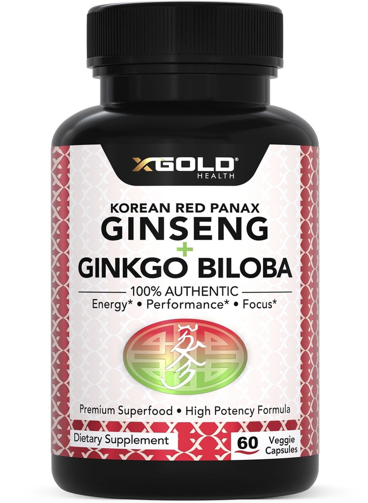 X Gold Health Korean Red Panax Ginseng + Ginkgo Biloba – 7% Ginsenosides Extra Strength – Energy, Memory, Focus & Brain Support – Premium Supplement for Men & Women – Non-GMO, 60 Vegan Capsules