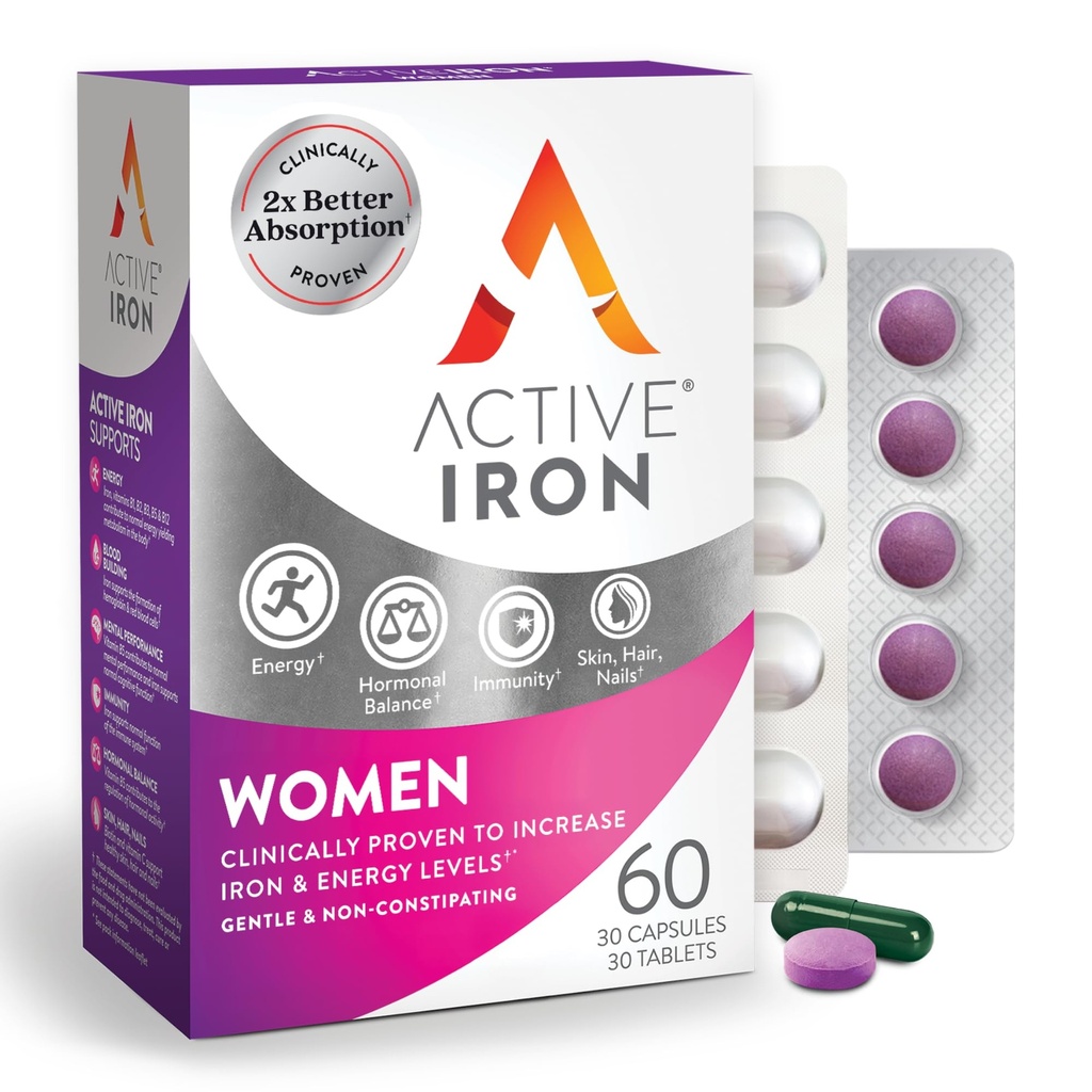 Active Iron Supplement 25mg + Multivitamin για γυναίκες – Κλινικά Αποδεδειγμένα για την αύξηση της ενέργειας & τη μείωση της κούρασης – Απαλός, μη Συντηρητικός Σιδήρος + Πολυβιταμίνη γυναικών – 30 Καψάκια + 30 Δισκία