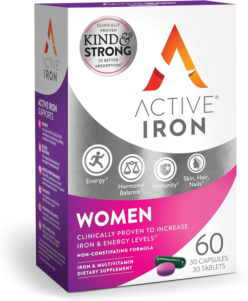 Active Iron Supplement 25mg + Multivitamin για γυναίκες – Κλινικά Αποδεδειγμένα για την αύξηση της ενέργειας & τη μείωση της κούρασης – Απαλός, μη Συντηρητικός Σιδήρος + Πολυβιταμίνη γυναικών – 30 Καψάκια + 30 Δισκία