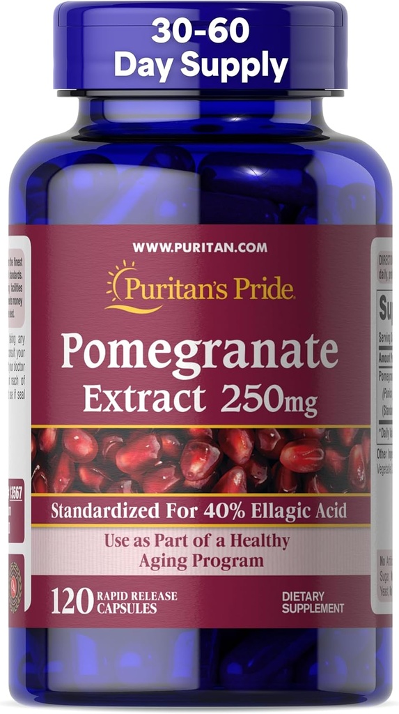 Puritan's Pride Premium Ρόδι Εκχύλισμα 250mg, Συμπλήρωμα διατροφής για Αντιοξειδωτική Υγεία και Υγιεινή Γήρανση Πρόγραμμα, 40% Ellagic Acid,120 Κάψουλες ταχείας απελευθέρωσης (Packaging May Vary)