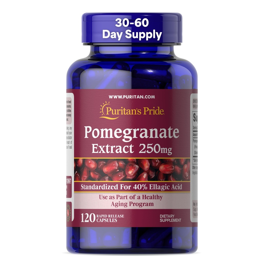 Puritan's Pride Premium Ρόδι Εκχύλισμα 250mg, Συμπλήρωμα διατροφής για Αντιοξειδωτική Υγεία και Υγιεινή Γήρανση Πρόγραμμα, 40% Ellagic Acid,120 Κάψουλες ταχείας απελευθέρωσης (Packaging May Vary)