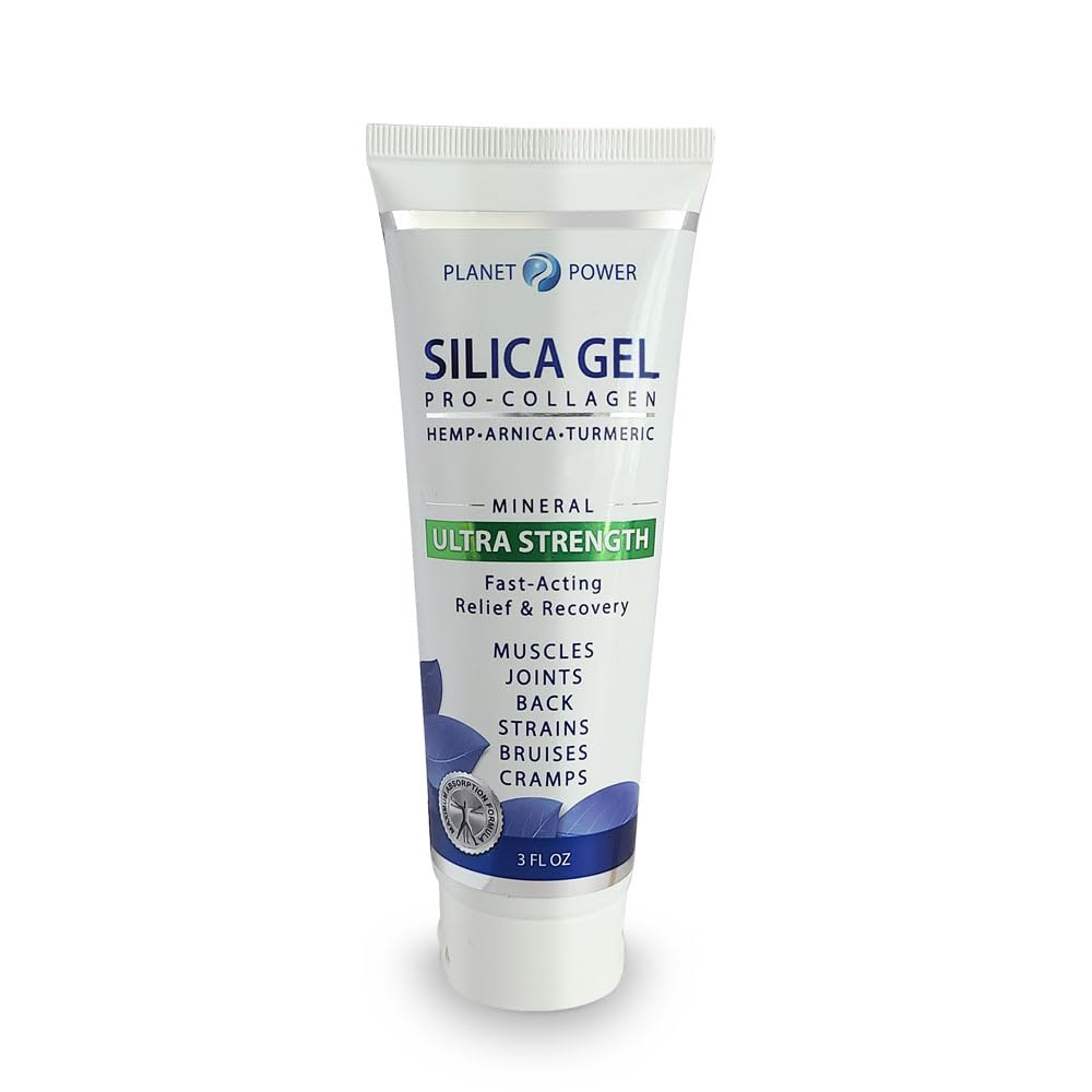 Planet Power Silica Gel Natural Collagen, with Silica, Hemp, Arnica, Turmeric. Light and fast absorbing formula. Non-greasy