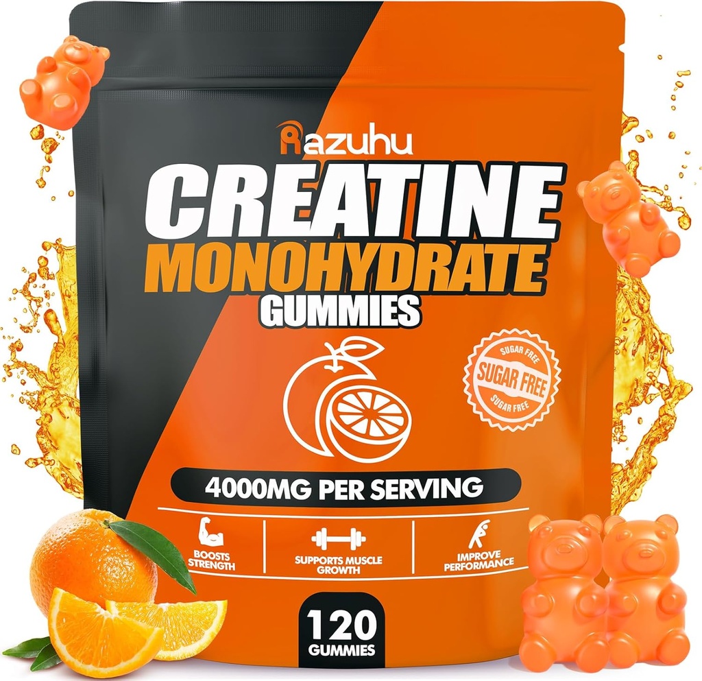 Creatine Monohydrate Gummies for Men & Women, 4g Creatine Monohydrate per Serving for Maximum Power Strength, Performance, Sugar Free, Vegan, Pre-Workout Supplement (120 Count)-Orange