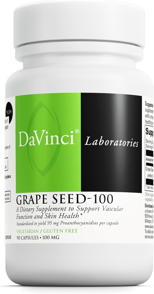 DAVINCI Labs Σπόροι σταφυλιού-100 - Συμπλήρωμα διατροφής για την υποστήριξη του ανοσοποιητικού συστήματος, της αγγειακής λειτουργίας και του υγιούς δέρματος* - με εκχύλισμα 100 mg σπόρων σταφυλιών ανά σερβίρισμα - Χωρίς γλουτένη - 90 κάψουλες χορτοφάγων