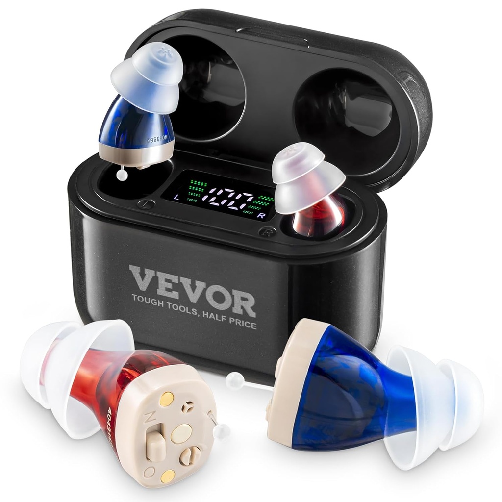 VEVOR Hearing Aids for Seniors, Rechargeable Hearing Amplifiers with Noise Cancelling and Volume Control, Digital in-Ear Hearing Assist Device with Charging Case and 8 Pair of Ear Domes