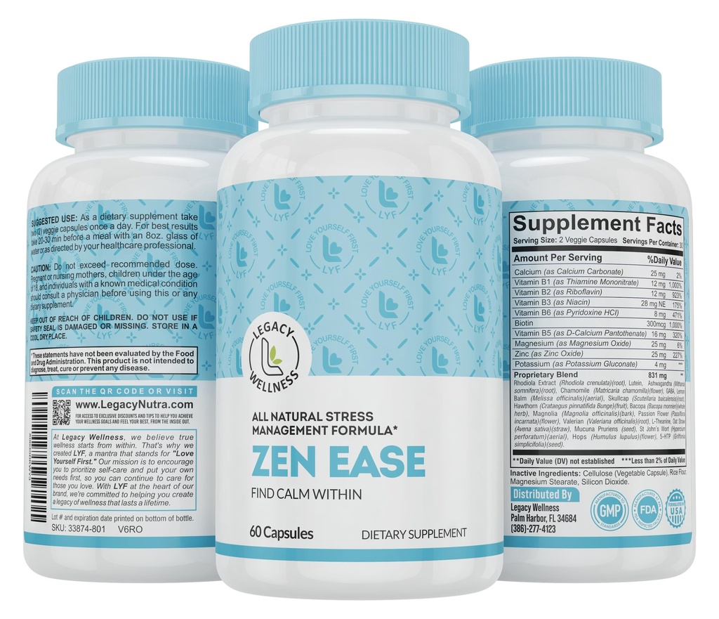Legacy Wellness Zen Ease Calm Mind Supplement - Φυσικό Vegan Formula - 5-HTP, Ashwagandha, St. John's Wort, L-Θεανίνη, Μαγνήσιο, B-Vitamins - Κάψουλες για να προωθήσει ένα καλό συναίσθημα της ειρήνης