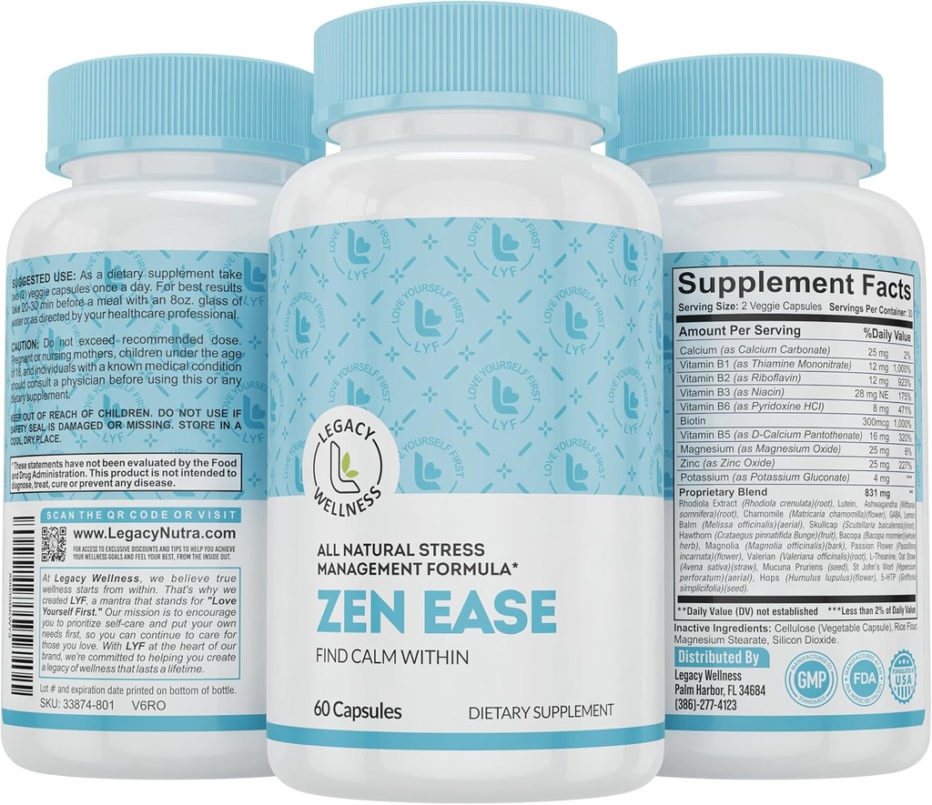 Legacy Wellness Zen Ease Calm Mind Supplement - Natural Vegan Formula - 5-HTP, Ashwagandha, St. John's Wort, L-Theanine, Magnesium, B-Vitamins - Capsules to Promote A Good Feeling of Peace