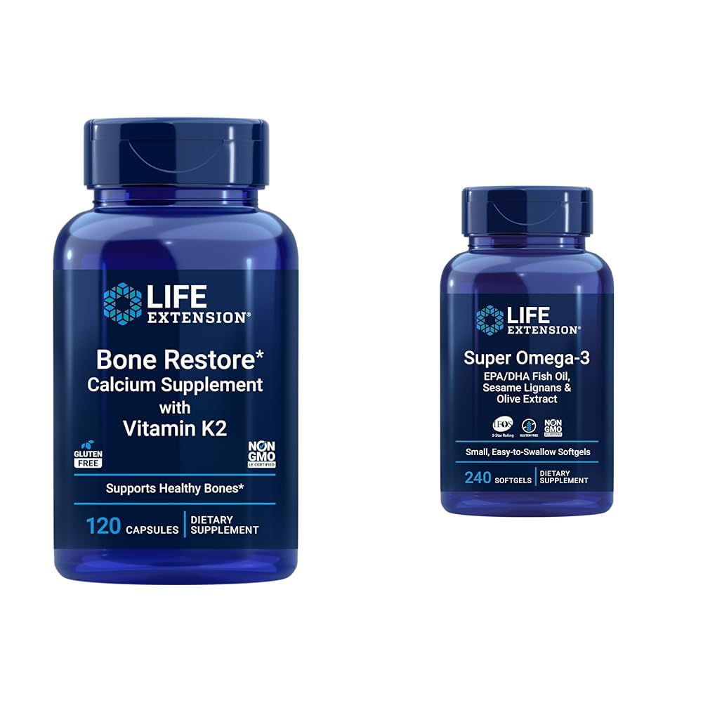 Life Extension Bone Restore + Vitamin K2 Vitamins & Minerals Maintain Bone Health & Strength & Super Omega-3 EPA/DHA Fish Oil, Sesame Lignans & Olive Extract