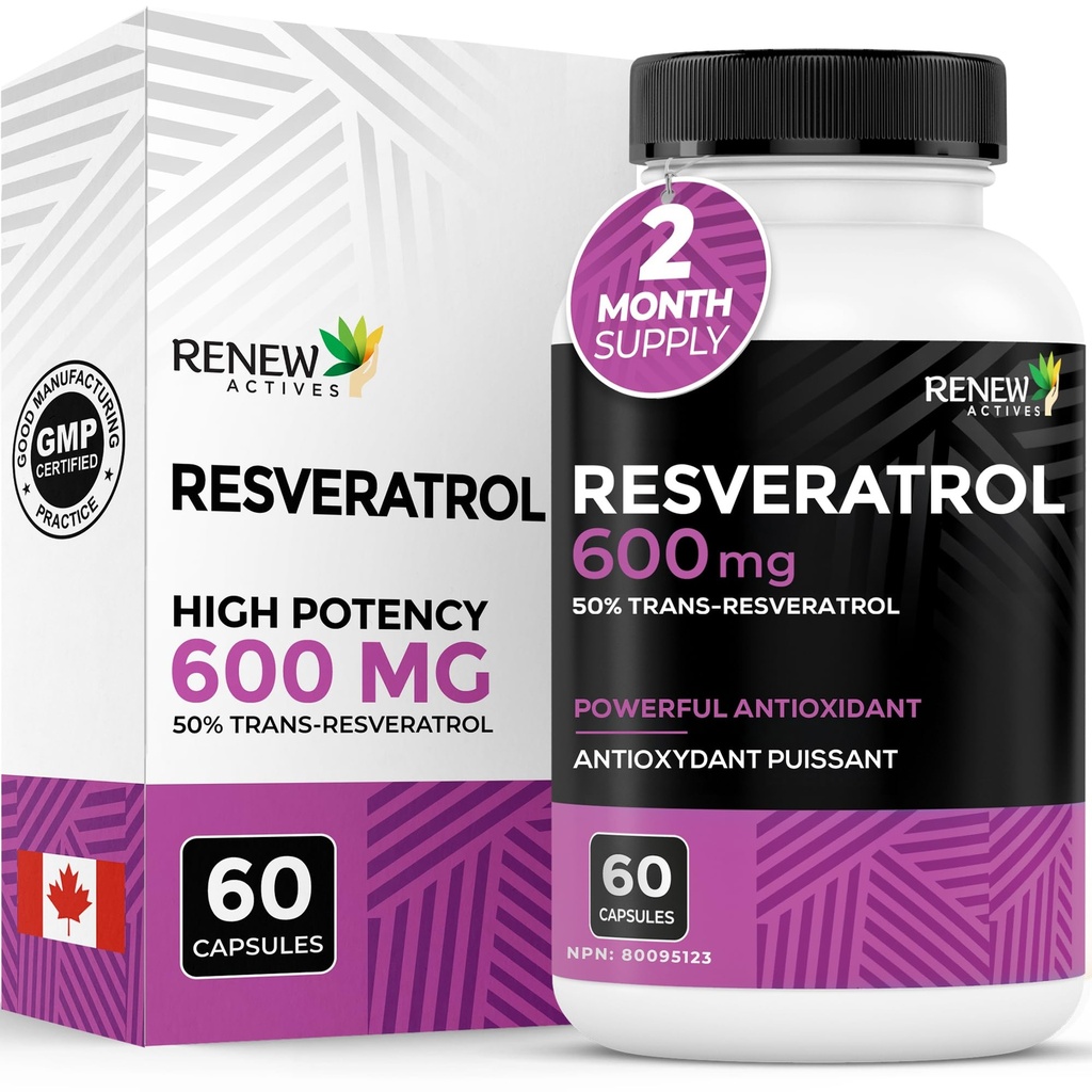 Renew Actives Resveratrol Supplement 600mg ανά υπηρεσία - Υψηλής ισχύος Αντιοξειδωτικό Σύμπλεγμα με 50% Trans-Resveratrol – Υποστηρίζει Κυτταρική Υγεία & μακροβιότητα - Made in Canada – 60 Vegan Κάψουλες