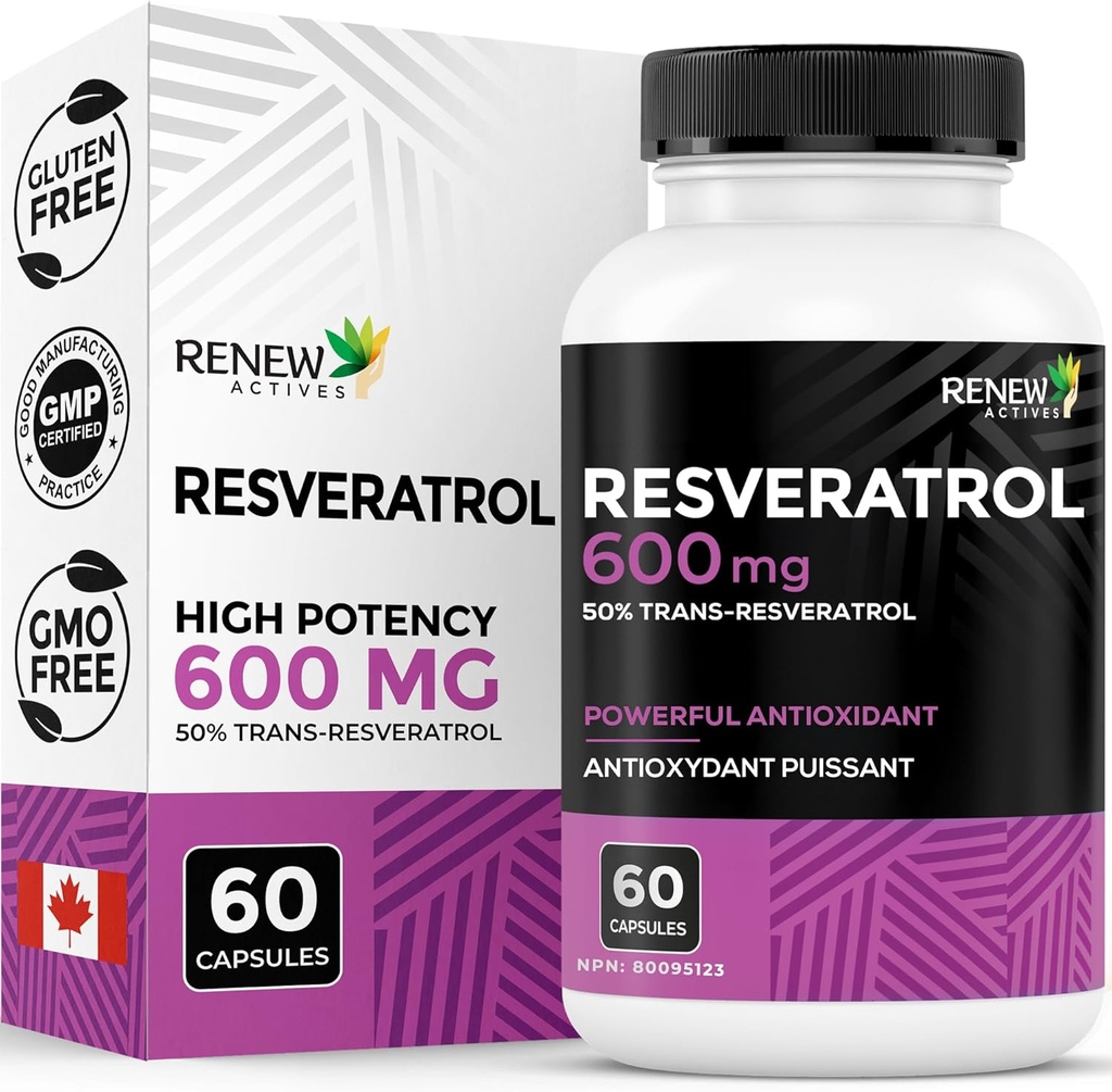 Renew Actives Resveratrol Supplement 600mg ανά υπηρεσία - Υψηλής ισχύος Αντιοξειδωτικό Σύμπλεγμα με 50% Trans-Resveratrol – Υποστηρίζει Κυτταρική Υγεία & μακροβιότητα - Made in Canada – 60 Vegan Κάψουλες