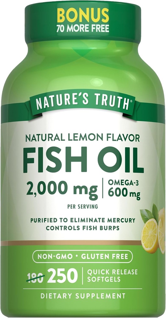 Nature's Truth Fish Oil 2000 mg | 600 mg Omega 3 | 250 Softgels | Natural Lemon Flavor | Non-GMO and Gluten Free Supplement
