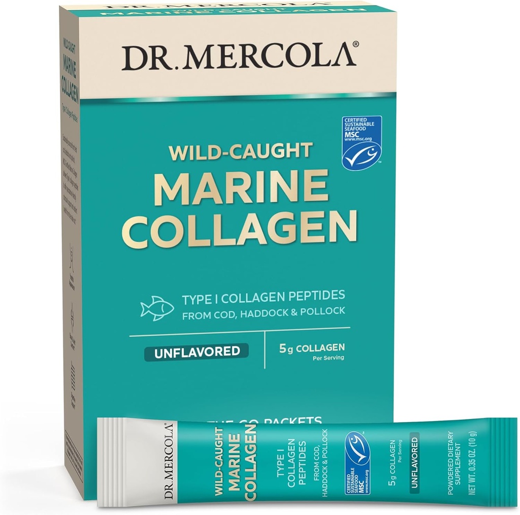Dr. Mercola Marine Collagen Powder Packets, 5g Collagen Per Serving, 15 σέρβις (15 on-The-go Packets), σε σκόνη συμπλήρωμα διατροφής, Άγευστο, τύπου 1 Collagen Peptides από Cod, Χάντοκ & Pollock