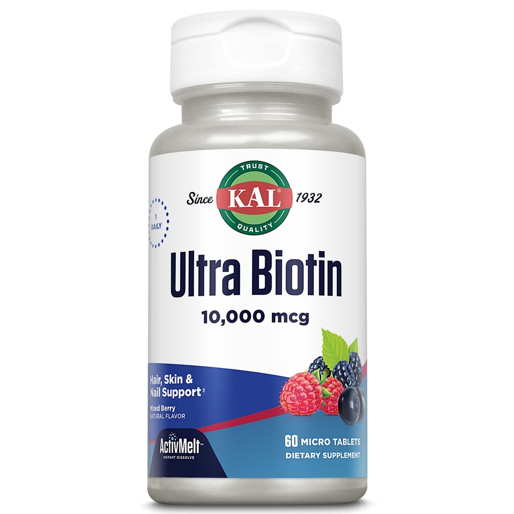 KAL Ultra Biotin 10000mcg ActivMelt, συμπλήρωμα ανάπτυξης μαλλιών, υψηλής ισχύος βιταμίνη B7 για υγιή μαλλιά, δέρμα, νύχια και την ενεργειακή υποστήριξη, χορτοφαγικά, φυσικά μικτή γεύση μούρου, 60 Serv, 60 μικροδισκία