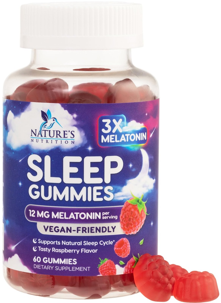 Gummies ύπνου για ενήλικες επιπλέον δύναμη - 12 mg Melatonin συμπλήρωμα Gummy ύπνου, Melatonin Gummy για Occasional συμπλήρωμα υποστήριξης ύπνου, Vegan, μη-GMO, Χωρίς γλουτένη, Gomitas para Dormir, 60 Gummies