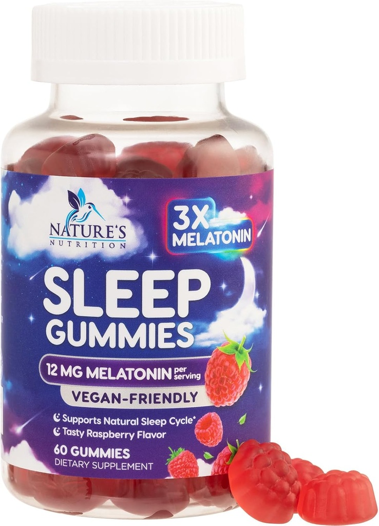 Gummies ύπνου για ενήλικες επιπλέον δύναμη - 12 mg Melatonin συμπλήρωμα Gummy ύπνου, Melatonin Gummy για Occasional συμπλήρωμα υποστήριξης ύπνου, Vegan, μη-GMO, Χωρίς γλουτένη, Gomitas para Dormir, 60 Gummies