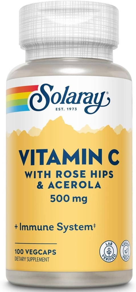Solaray C w/Rose HIPS & Acerola Two-Stage, Timed-Release, Veg Cap (Btl-Plastic) 500mg | 100 Count | Pack of 2