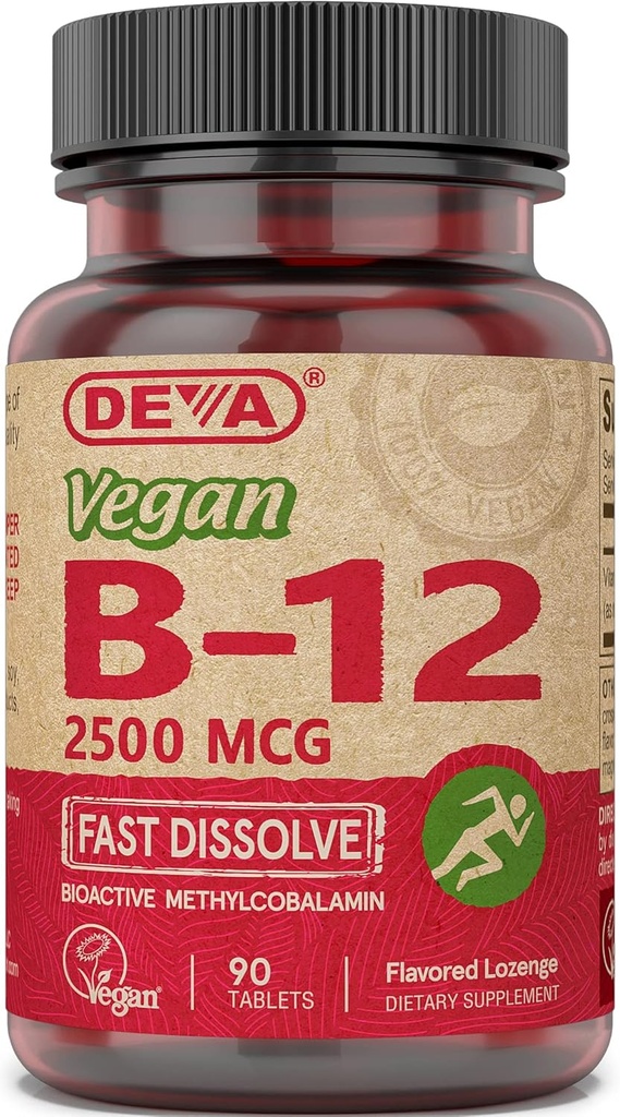 Deva Vegan Vitamins B-12, High Potency 2500 mcg B12, Fast Dissolve, Sublingual, 90 Tablets (Pack of 3)