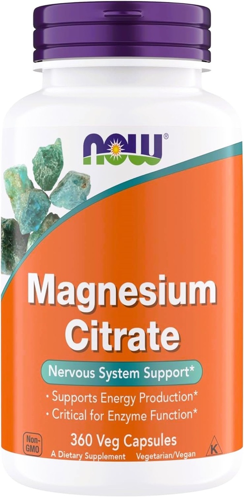 Now Supplements, Magnesium Citrate, Enzyme Function*, Nervous System Support*, Critical for Enzyme Function*, Gluten Free, Vegan, Kosher, Non-GMO 360 Vegetarian Capsules