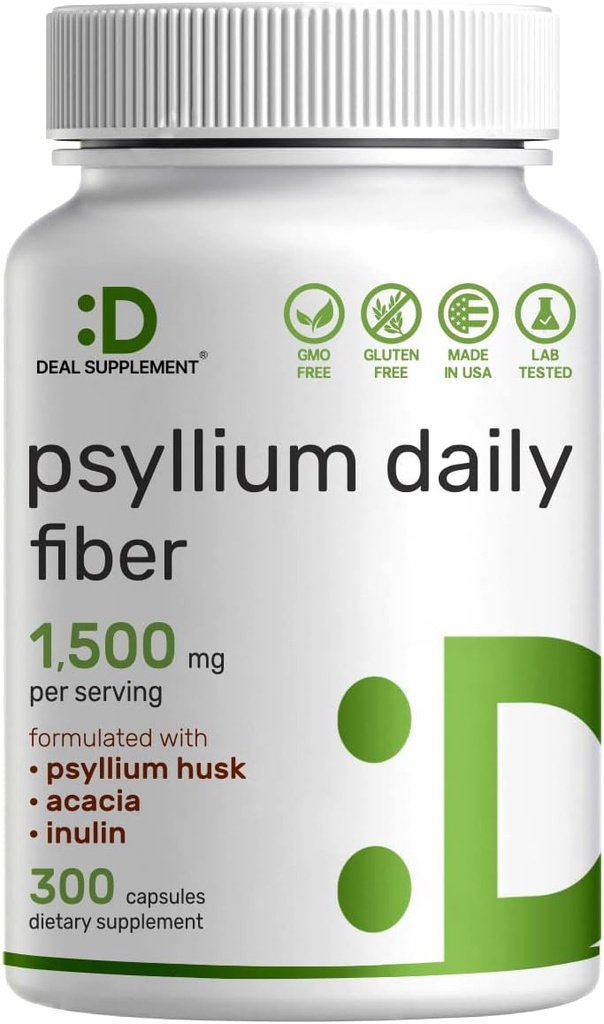 Psyllium Husk 1500mg ανά υπηρεσία, 300 κάψουλες – 3 σε 1 συμπλήρωμα ινών με Inulin & Acacia Complex – Φυσικές διαλυτές ίνες, υποστηρίζει Digestive Health – Plant Based, Non-GMO