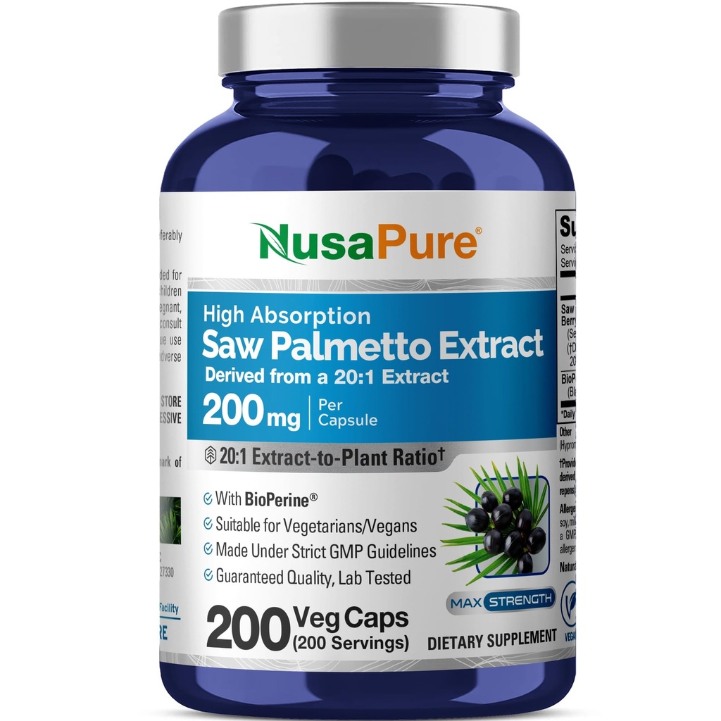 NusaPure Saw Palmetto 20:1 Extract, 200 mg Ισοδύναμο με 4.000 mg ανά Veggie Caps 200 Count Non-GMO, Vegan, Vegetarian, Bioperine
