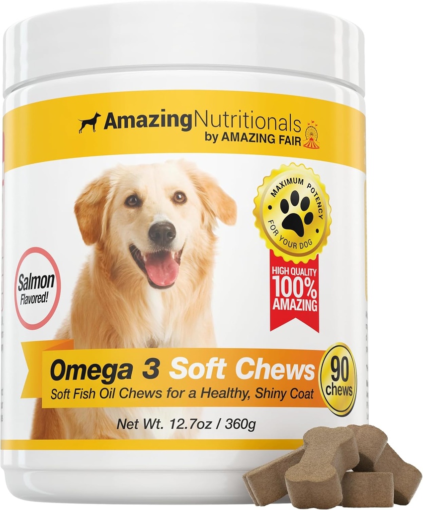 Amazing Omega 3 για σκύλους - Omega 3 Fish Oil για σκύλους συμπλήρωμα για Ichy Skin Relief για ξηρό δέρμα και καυτές κηλίδες και Shedding Coat με EPA και DHA λιπαρά οξέα - 90 σολομός μαλακά μάσημα