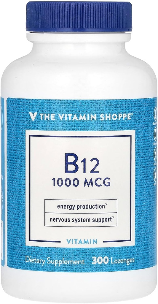 The Vitamin Shoppe Vitamin B12 1,000mcg - Υποστηρίζει την παραγωγή ενέργειας, Once Daily Dietary Supplement - Βιταμίνη B-12 (ως Κυανοκοβαλαμίνη), Γλουτένη & Γαλακτοκομικά Χωρίς (300 Lozenges)