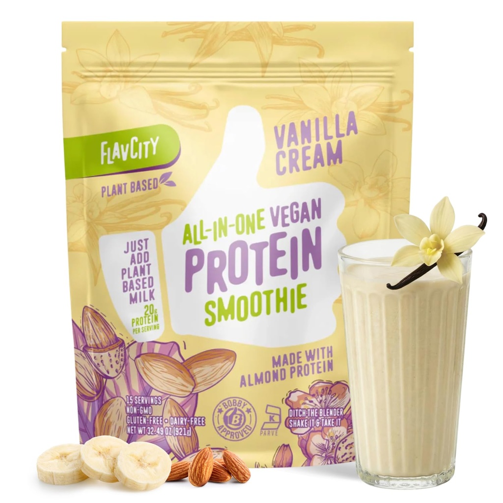 FlavCity All-in-One Vegan Protein Powder Smoothie, Βανίλια - Plant-based Pre-Workout Replacement Meal Shake for Women & Men Made with 20g Almond Protein - Χωρίς γλουτένη & χωρίς γαλακτοκομικά