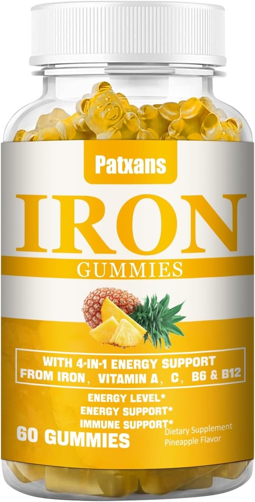 1 συσκευασία 100MG Συμπληρώματα σιδήρου Gummies για γυναίκες & άνδρες - με βιταμίνη Α, C, B - Ενεργειακή υποστήριξη για την έλλειψη σιδήρου, αναιμία, ενήλικες & παιδιά, ανανά γεύση Gummy, 60ct.