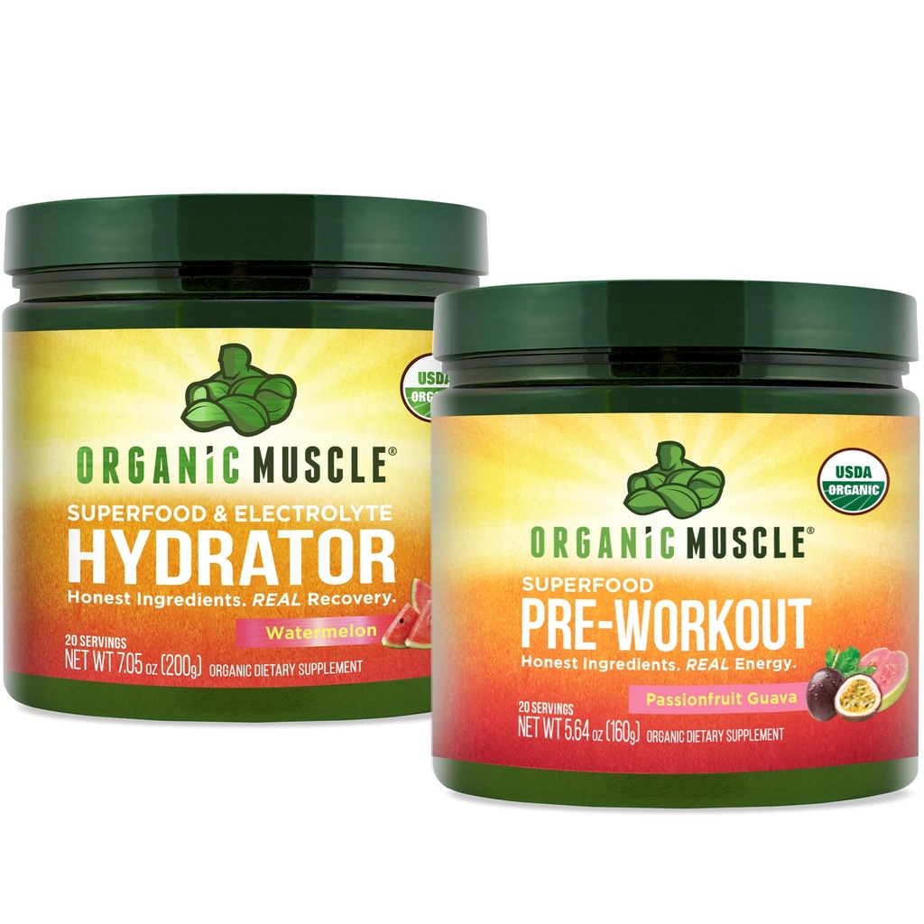 Organic Muscle Bundle - Pre-Workout Powder for Energy (Passionfruit Guava) + Replenisher for Hydration (Watermelon) - USDA Certified Organic